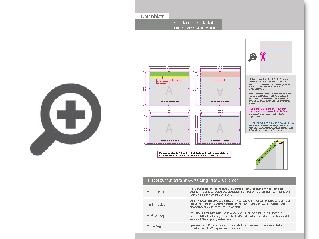 Product Bild block_mit_leimbindung_und_deckblatt__din_a6_quer__25_blatt__4_4_farbig_beidseitig_bedruckt